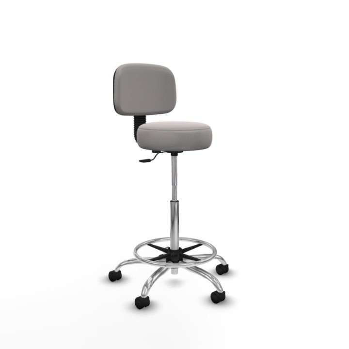 Taburete Llanos CL similpiel blanco base cromada ruedas nailon 50mm aro cromado