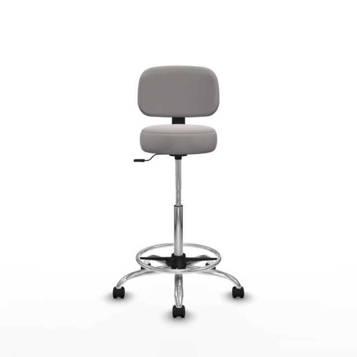 Taburete Llanos CL similpiel blanco base cromada ruedas nailon 50mm aro cromado