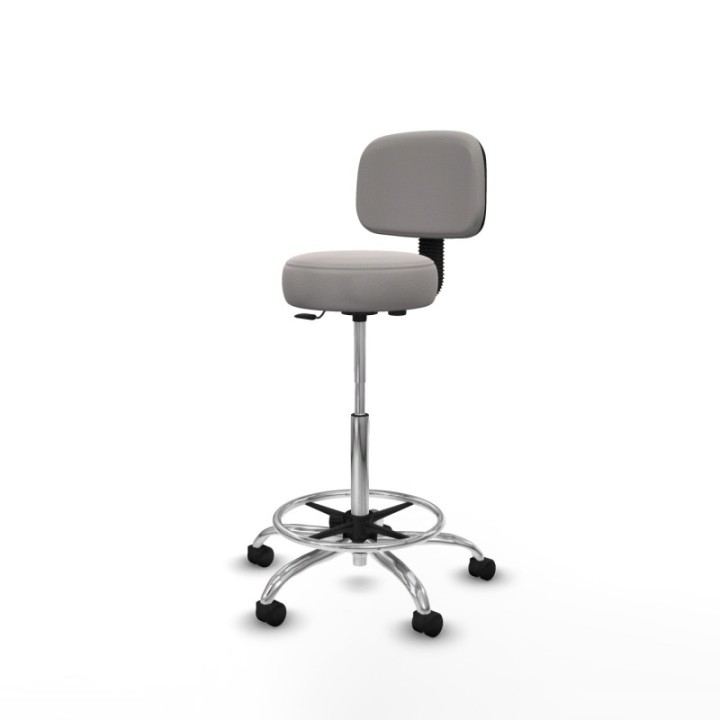 Taburete Llanos CL similpiel blanco base cromada ruedas nailon 50mm aro cromado