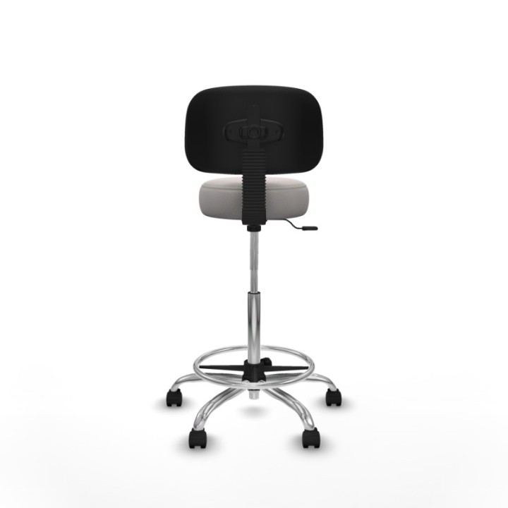 Taburete Llanos CL similpiel blanco base cromada ruedas nailon 50mm aro cromado