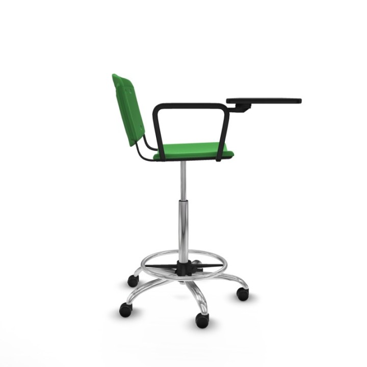 Taburete Robledo giratorio plástico verde brazo con pala diestros base cromada ruedas autofrenantes 50mm