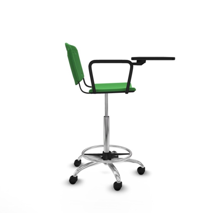 Taburete Robledo giratorio plástico verde brazo con pala diestros base cromada ruedas nailon 50mm