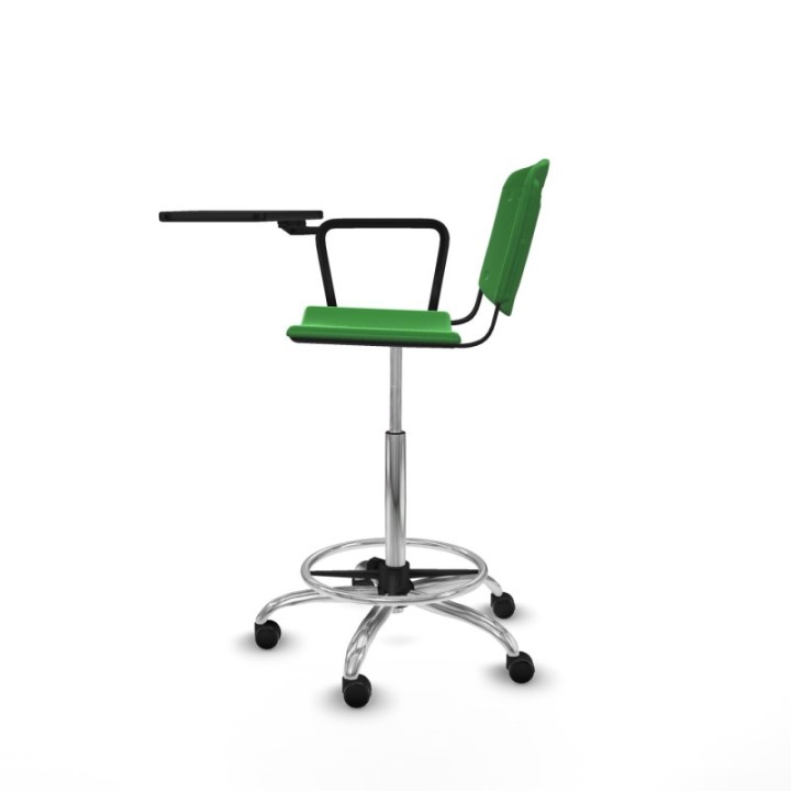 Taburete Robledo giratorio plástico verde brazo con pala diestros base cromada ruedas engomadas 50mm
