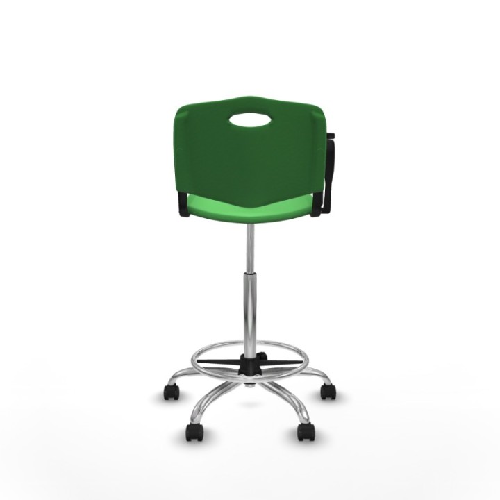 Taburete Robledo giratorio plástico verde brazo con pala diestros base cromada ruedas engomadas 50mm