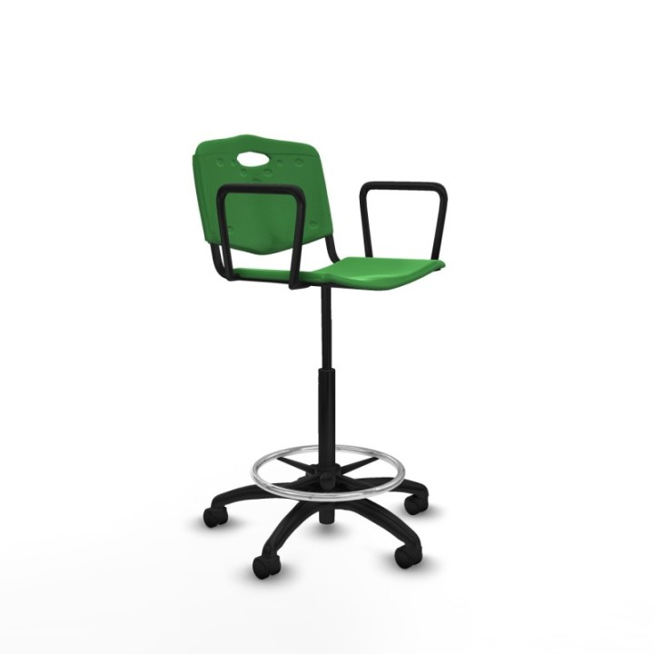 Taburete Robledo giratorio plástico verde brazos fijos base poliamida ruedas nailon 50mm