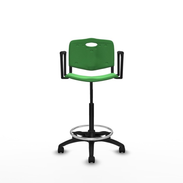 Taburete Robledo giratorio plástico verde brazos fijos base poliamida ruedas nailon 50mm