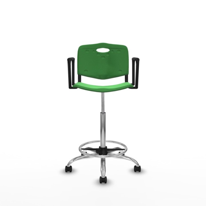 Taburete Robledo giratorio plástico verde brazos fijos base cromada ruedas autofrenantes 50mm