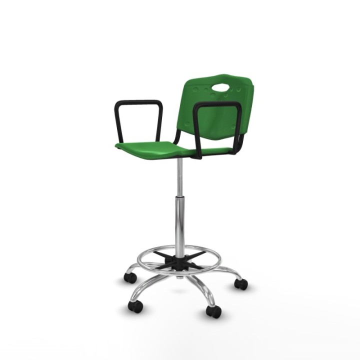 Taburete Robledo giratorio plástico verde brazos fijos base cromada ruedas autofrenantes 50mm