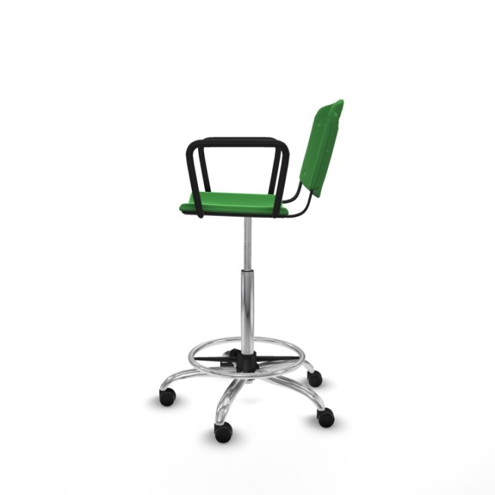 Taburete Robledo giratorio plástico verde brazos fijos base cromada ruedas autofrenantes 50mm