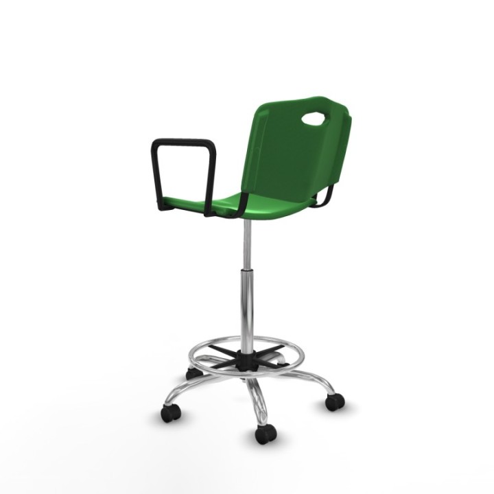 Taburete Robledo giratorio plástico verde brazos fijos base cromada ruedas autofrenantes 50mm