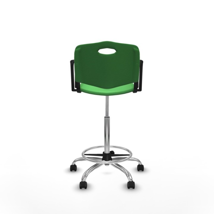 Taburete Robledo giratorio plástico verde brazos fijos base cromada ruedas autofrenantes 50mm