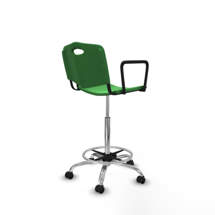 Taburete Robledo giratorio plástico verde brazos fijos base cromada ruedas autofrenantes 50mm