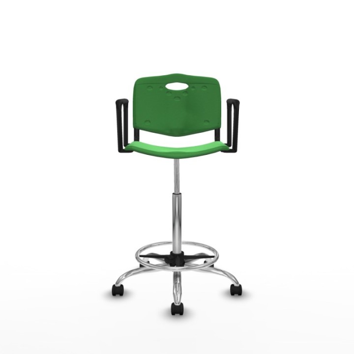 Taburete Robledo giratorio plástico verde brazos fijos base cromada ruedas nailon 50mm