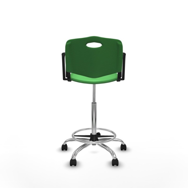 Taburete Robledo giratorio plástico verde brazos fijos base cromada ruedas nailon 50mm