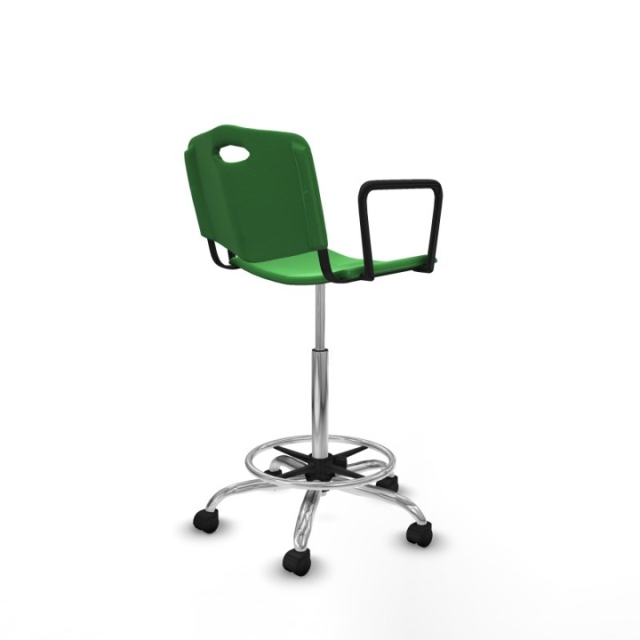 Taburete Robledo giratorio plástico verde brazos fijos base cromada ruedas nailon 50mm