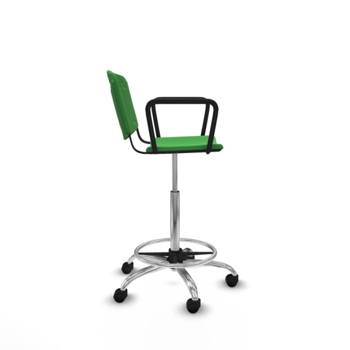 Taburete Robledo giratorio plástico verde brazos fijos base cromada ruedas nailon 50mm