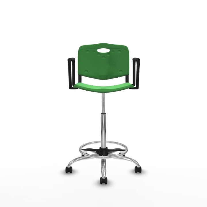 Taburete Robledo giratorio plástico verde brazos fijos base cromada ruedas engomadas 50mm