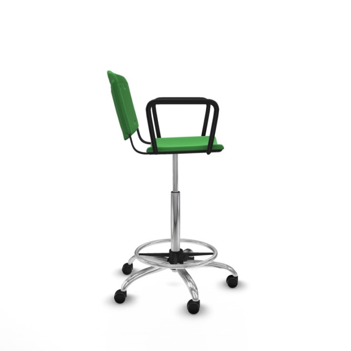Taburete Robledo giratorio plástico verde brazos fijos base cromada ruedas engomadas 50mm