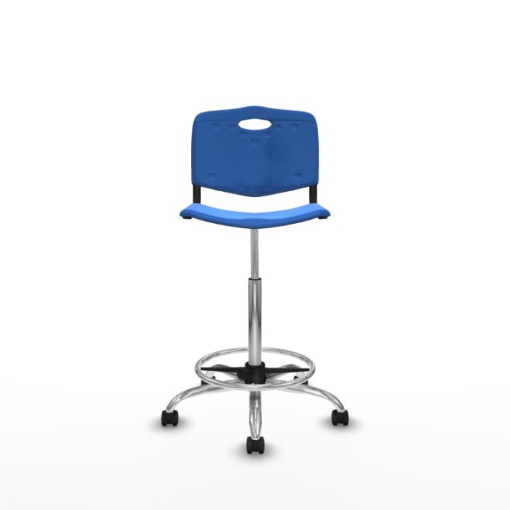 Taburete Robledo giratorio plástico azul sin brazos base cromada ruedas autofrenantes 50mm