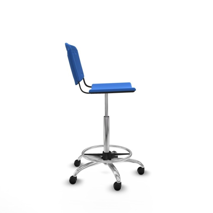 Taburete Robledo giratorio plástico azul sin brazos base cromada ruedas autofrenantes 50mm