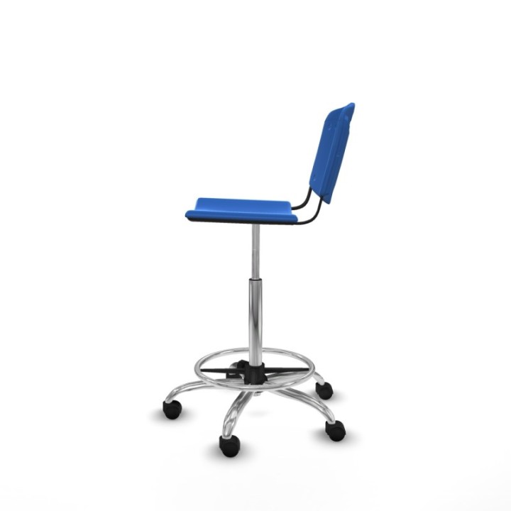 Taburete Robledo giratorio plástico azul sin brazos base cromada ruedas nailon 50mm