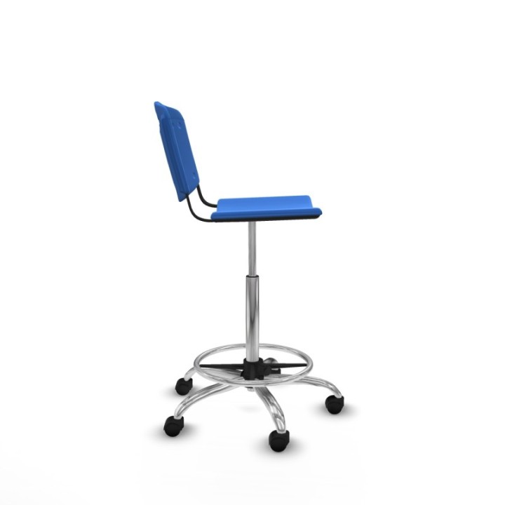 Taburete Robledo giratorio plástico azul sin brazos base cromada ruedas nailon 50mm