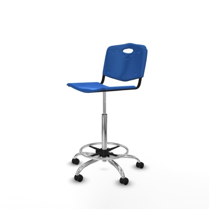 Taburete Robledo giratorio plástico azul sin brazos base cromada ruedas engomadas 50mm
