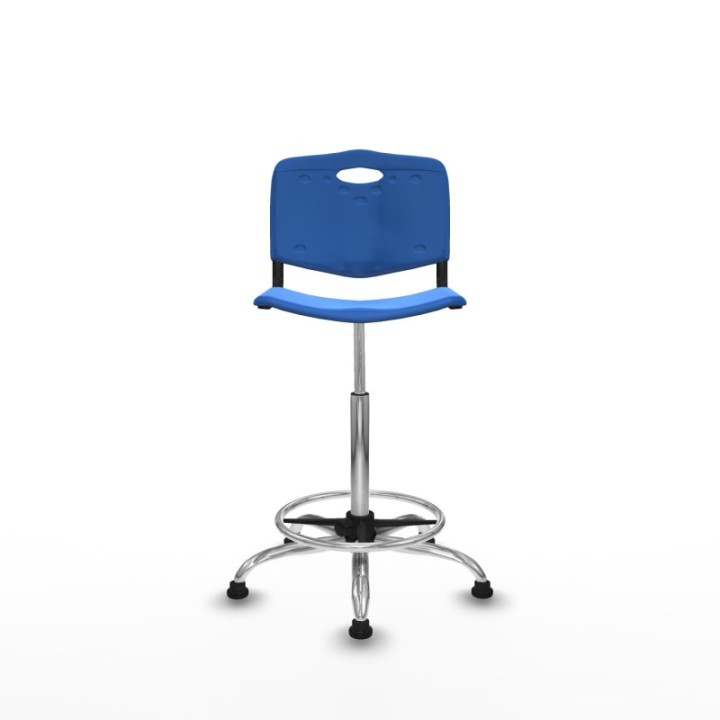 Taburete Robledo giratorio plástico azul sin brazos base cromada topes