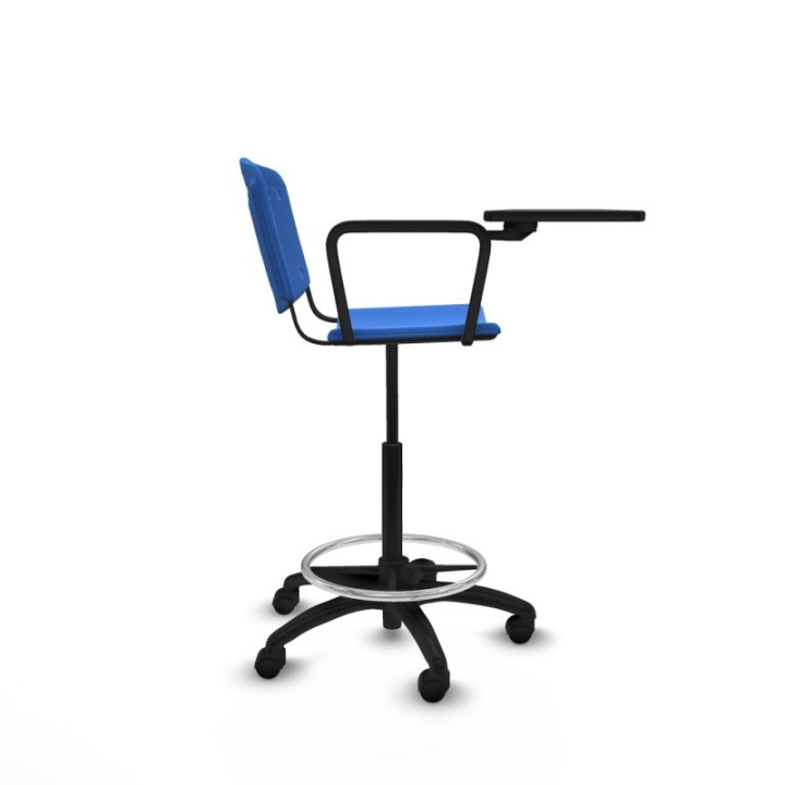 Taburete Robledo giratorio plástico azul brazo con pala diestros base poliamida ruedas nailon 50mm