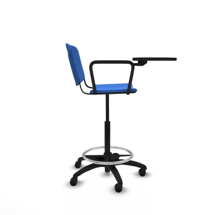 Taburete Robledo giratorio plástico azul brazo con pala diestros base poliamida ruedas engomadas 50mm