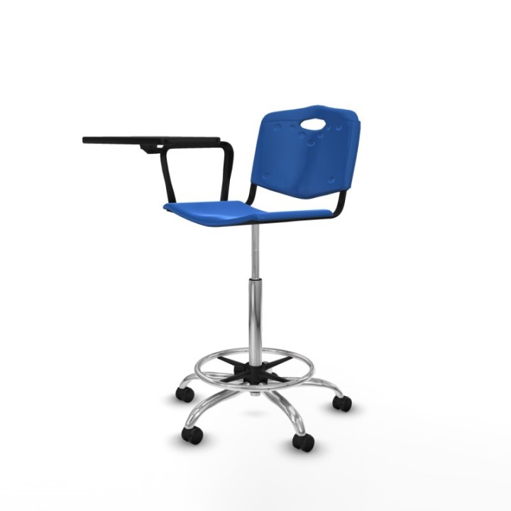 Taburete Robledo giratorio plástico azul brazo con pala diestros base cromada ruedas autofrenantes 50mm