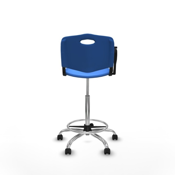 Taburete Robledo giratorio plástico azul brazo con pala diestros base cromada ruedas autofrenantes 50mm