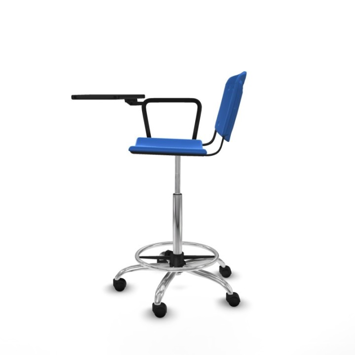 Taburete Robledo giratorio plástico azul brazo con pala diestros base cromada ruedas nailon 50mm