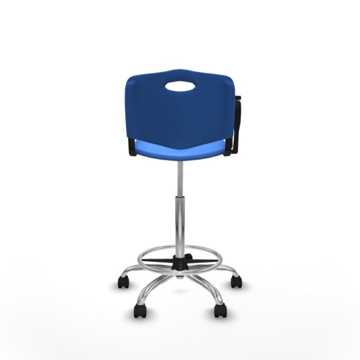 Taburete Robledo giratorio plástico azul brazo con pala diestros base cromada ruedas nailon 50mm