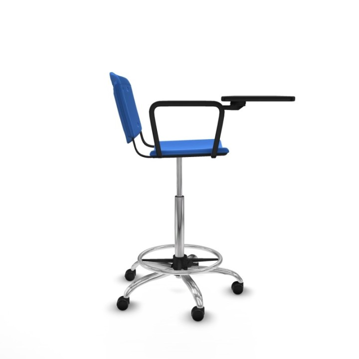 Taburete Robledo giratorio plástico azul brazo con pala diestros base cromada ruedas engomadas 50mm