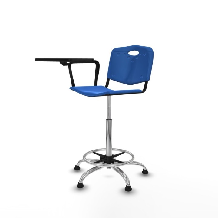 Taburete Robledo giratorio plástico azul brazo con pala diestros base cromada topes