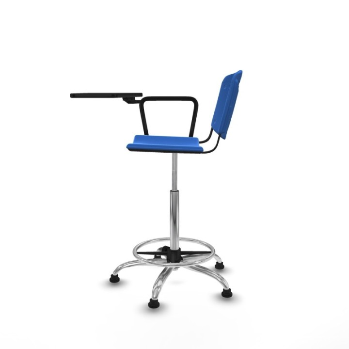 Taburete Robledo giratorio plástico azul brazo con pala diestros base cromada topes