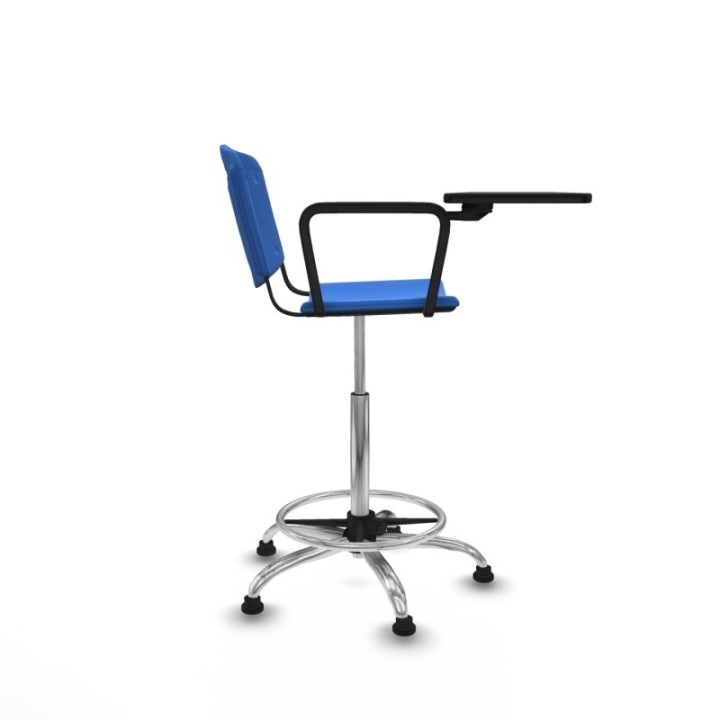 Taburete Robledo giratorio plástico azul brazo con pala diestros base cromada topes