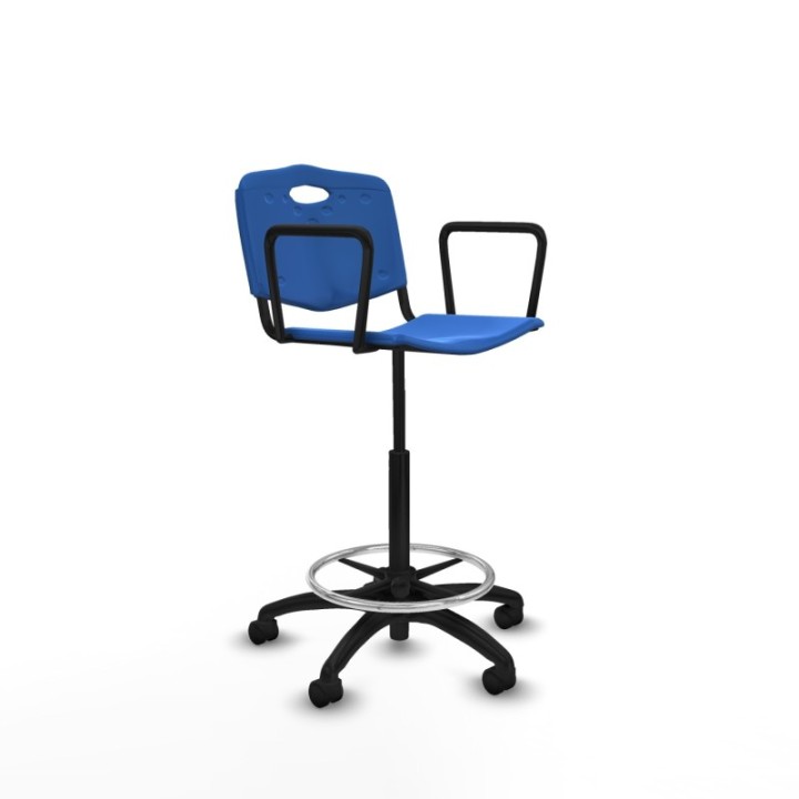 Taburete Robledo giratorio plástico azul brazos fijos base poliamida ruedas nailon 50mm