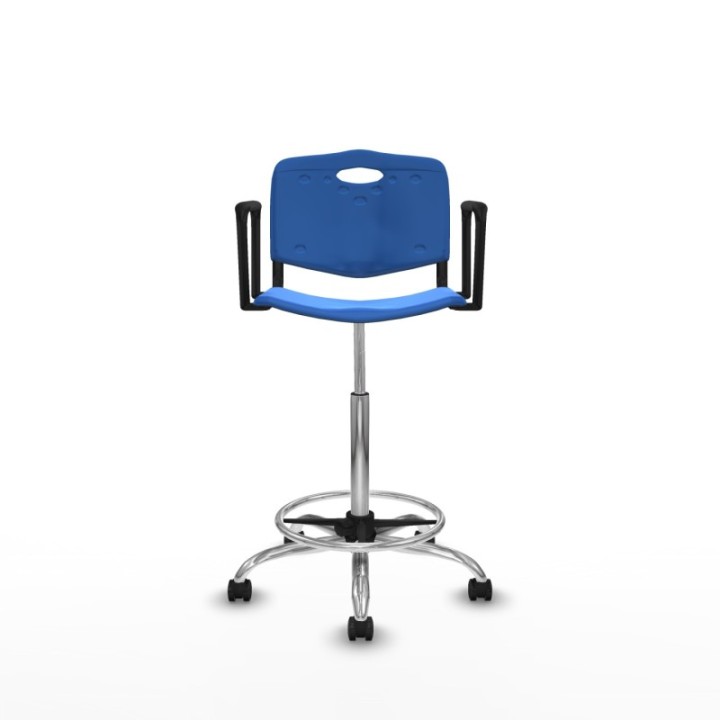 Taburete Robledo giratorio plástico azul brazos fijos base cromada ruedas autofrenantes 50mm