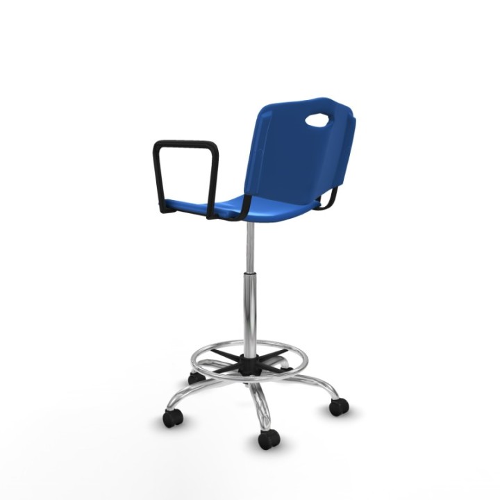 Taburete Robledo giratorio plástico azul brazos fijos base cromada ruedas autofrenantes 50mm