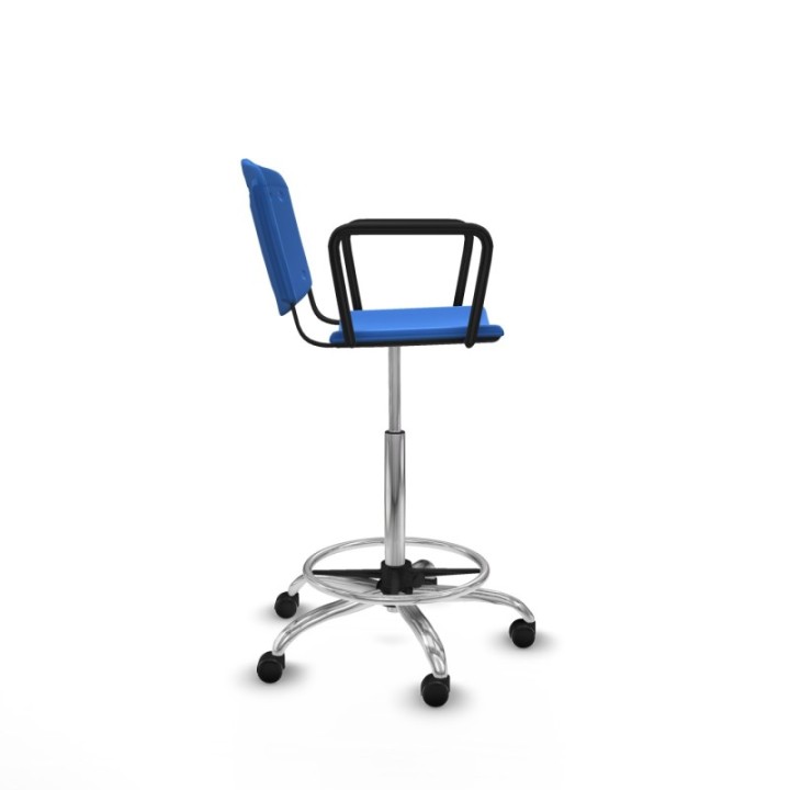 Taburete Robledo giratorio plástico azul brazos fijos base cromada ruedas autofrenantes 50mm