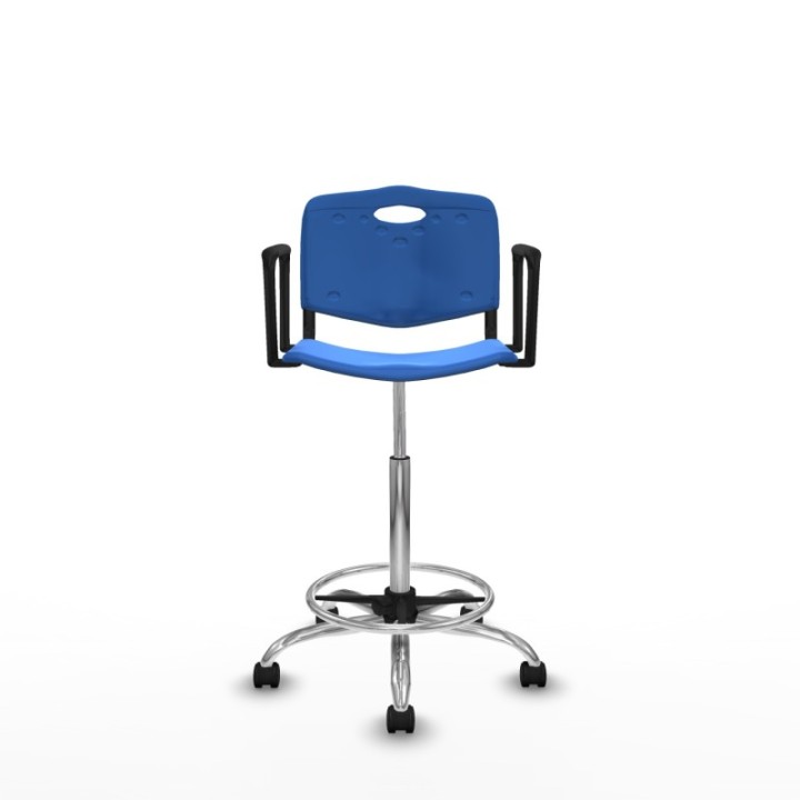 Taburete Robledo giratorio plástico azul brazos fijos base cromada ruedas nailon 50mm