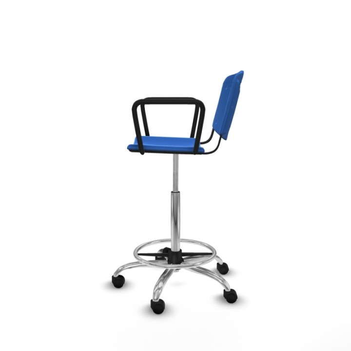 Taburete Robledo giratorio plástico azul brazos fijos base cromada ruedas nailon 50mm