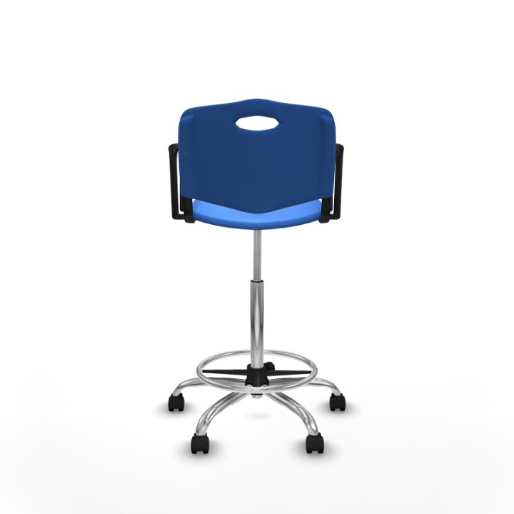 Taburete Robledo giratorio plástico azul brazos fijos base cromada ruedas nailon 50mm