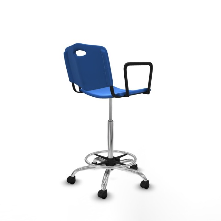Taburete Robledo giratorio plástico azul brazos fijos base cromada ruedas nailon 50mm