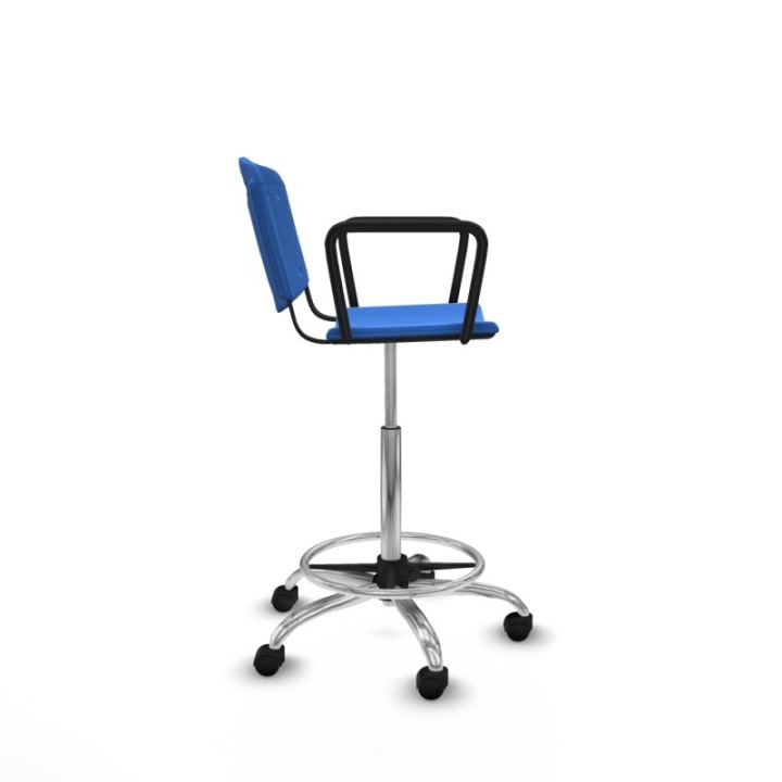 Taburete Robledo giratorio plástico azul brazos fijos base cromada ruedas nailon 50mm