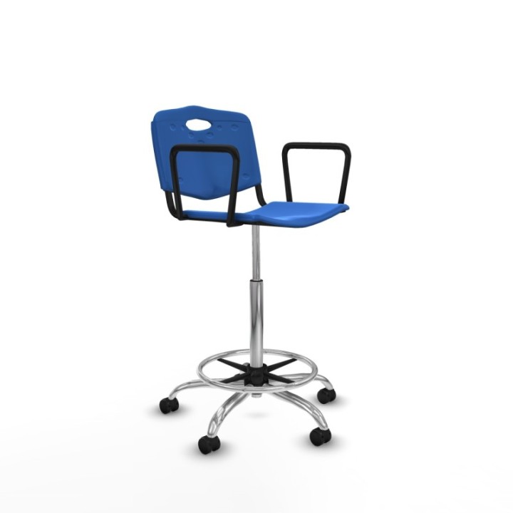 Taburete Robledo giratorio plástico azul brazos fijos base cromada ruedas engomadas 50mm