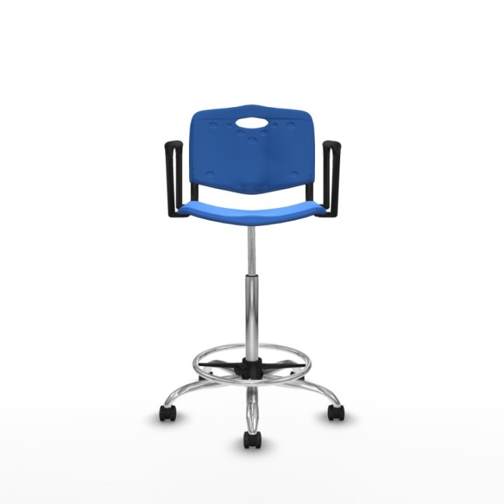 Taburete Robledo giratorio plástico azul brazos fijos base cromada ruedas engomadas 50mm
