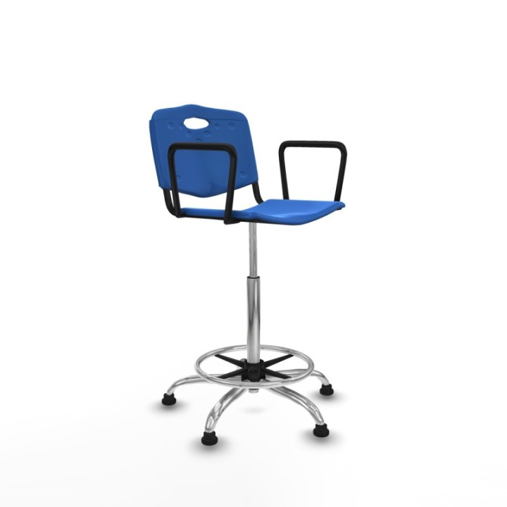 Taburete Robledo giratorio plástico azul brazos fijos base cromada topes